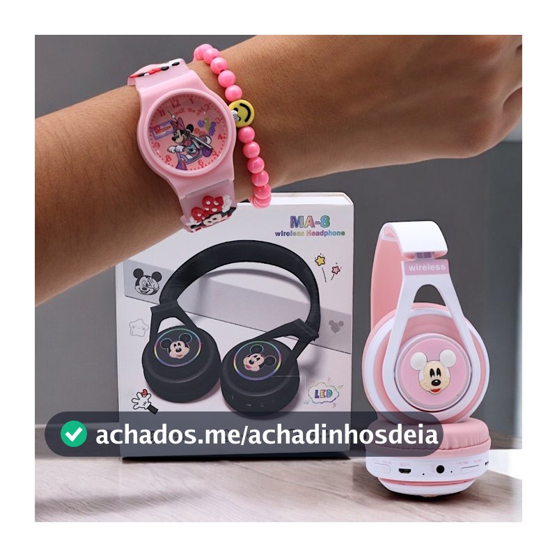 Fone de Ouvido Bluetooth Sem Fio M. Mouse + Relógio Infantil Analógico P/Crianças  - Divertido e Funcional