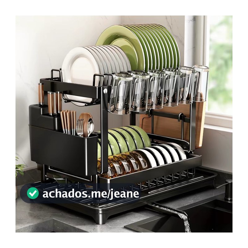 Escorredor Organizador de Louças Preto Aço Inoxidável, Rack Suspensa para Cozinha, Estante Dupla