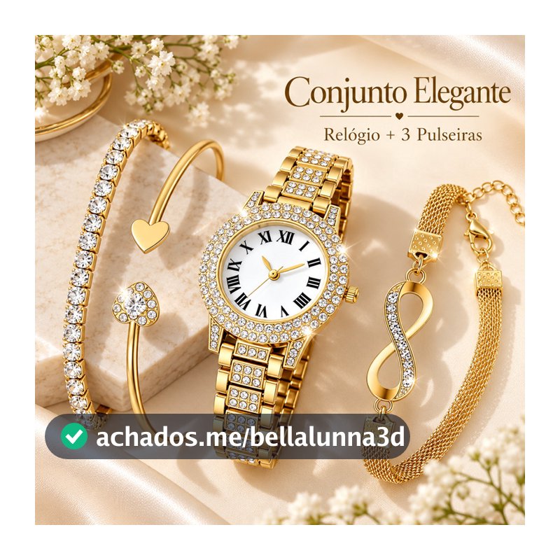 Kit Relógio Feminino Dourado + 3 Pulseiras Coração Infinito Strass 4 Peças