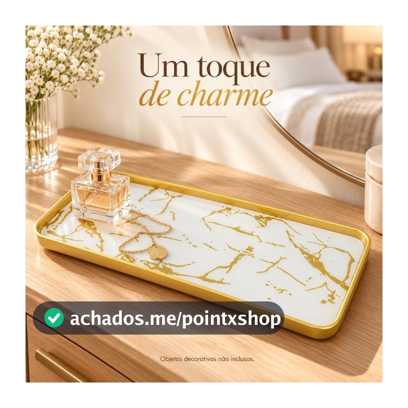 Bandeja Decorativa 30x12cm Marmorizada com Borda Dourada Organizador Lavabo Penteadeira