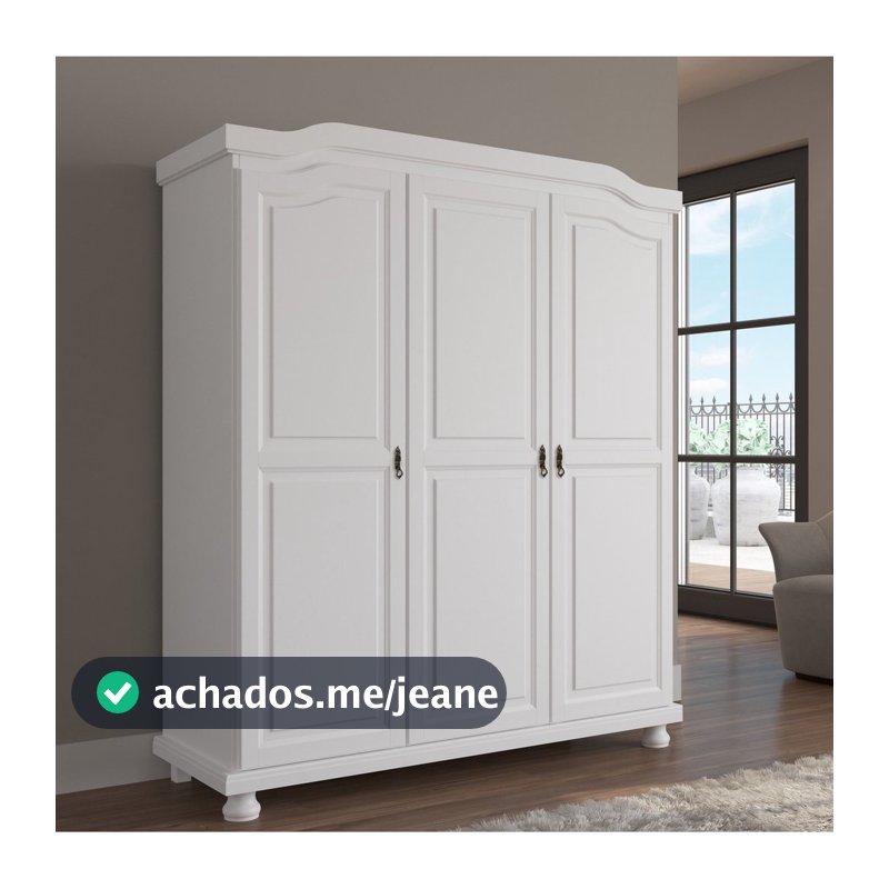 Guarda-Roupa Solteiro 3 Portas 4 Prateleiras Madeira Maciça Provençal Bastian Branco/Lavado Branco Lavado