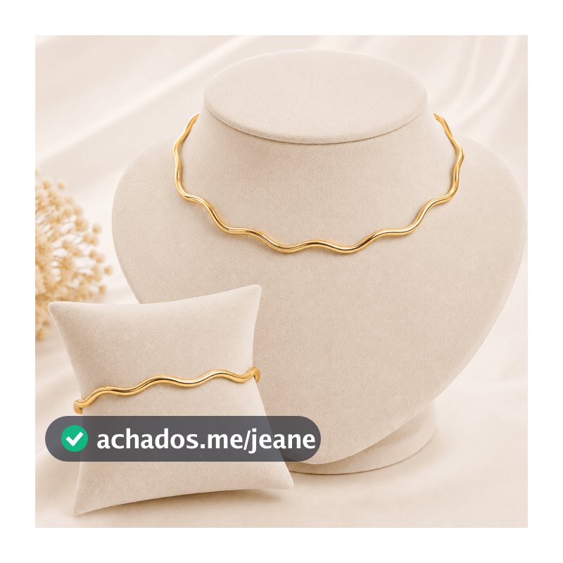 Choker e Pulseira Aro Ondulado – Folheado Dourado ou Prata – Feminino Ajustável e Antialérgico