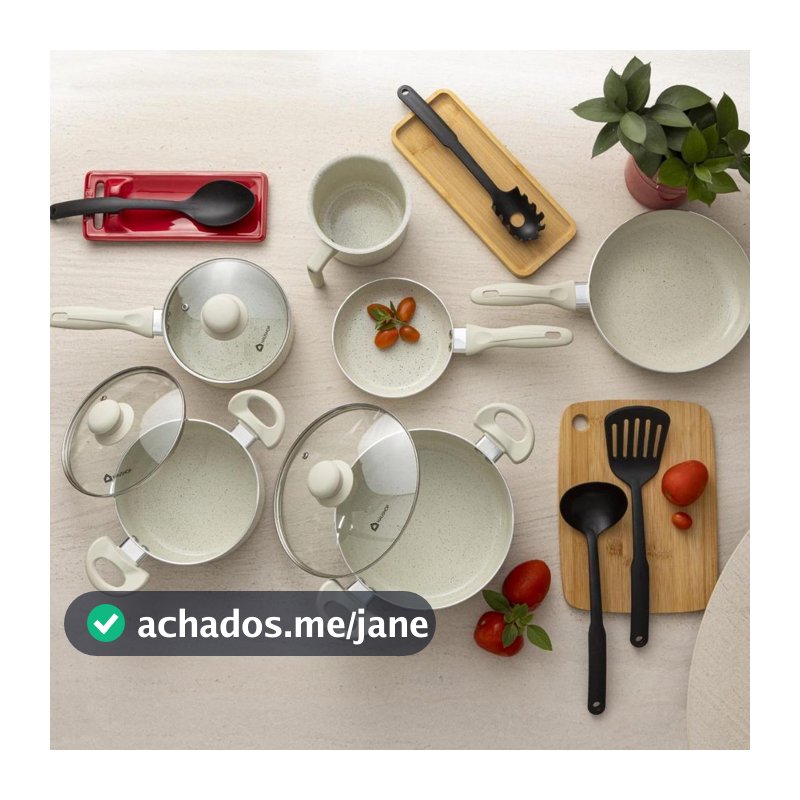 Jogo de Panelas Haushop 10 Peças Cerâmico Marmorizado com Tampas e Utensílios, compatível fogão Indução, gás, elétrico