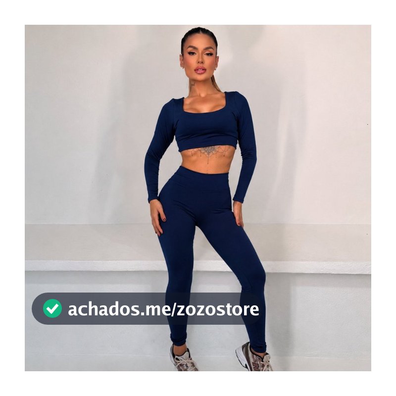 Conjunto Fitness Feminino Legging Cintura Alta + Cropped Manga Longa Academia Zero Transparência