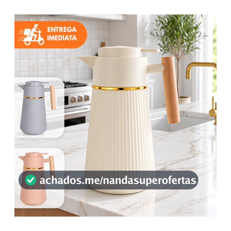 Garrafa Térmica Nórdica Berlim Café 1L Cabo De Madeira Luxo Mesa Posta Canelado Dourado