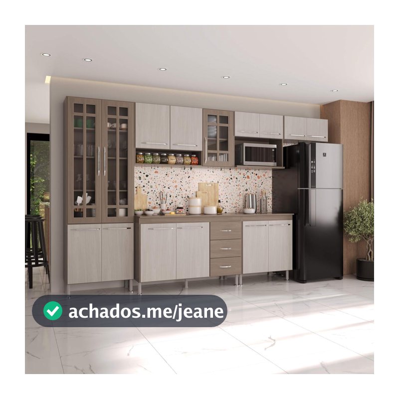 Cozinha Modulada Completa Fidelitá Paris 6 Peças 330cm 15 Portas 3 Gavetas Com Tampo Nogal/Salinas