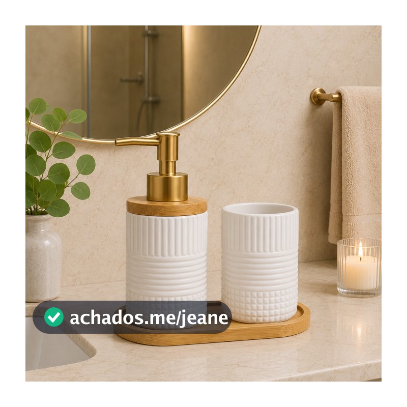 Kit Banheiro Lavabo 3 Peças Dispenser Sabonete Líquido Porta Escova com Bandeja Suporte Bambu Natural