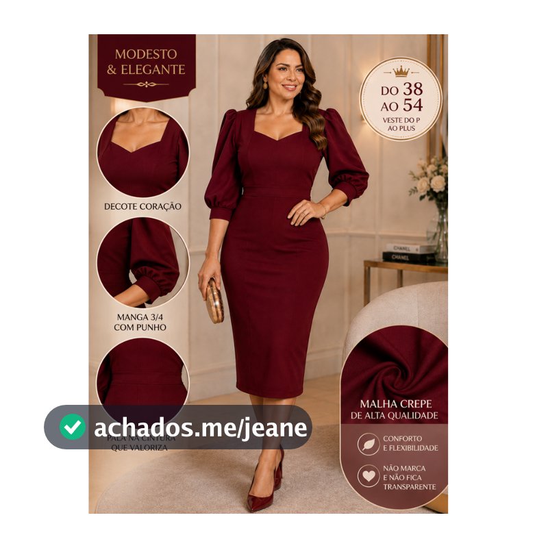 Vestido Mídi Feminino Tubinho Social Elegante Manga3/4 Crepe Malha Moda Evangélica Casual Luxo 38A52