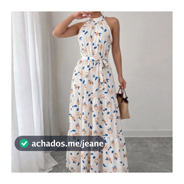 Vestido Feminino Longo Estampado Floral Com Alças Finas Decote Halter E Cintura Marcada Elegante, Leve E Perfeito Para V
