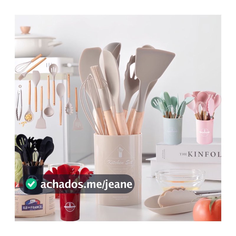 Kit 12 Peças Utensílios De Cozinha Colheres Espatula Silicone Cabo Madeira Decoração Livre BPA