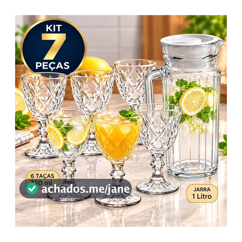 Kit Jarra de Vidro 1 Litro com Tampa + 6 Taças Diamond 320ml para Suco e Água