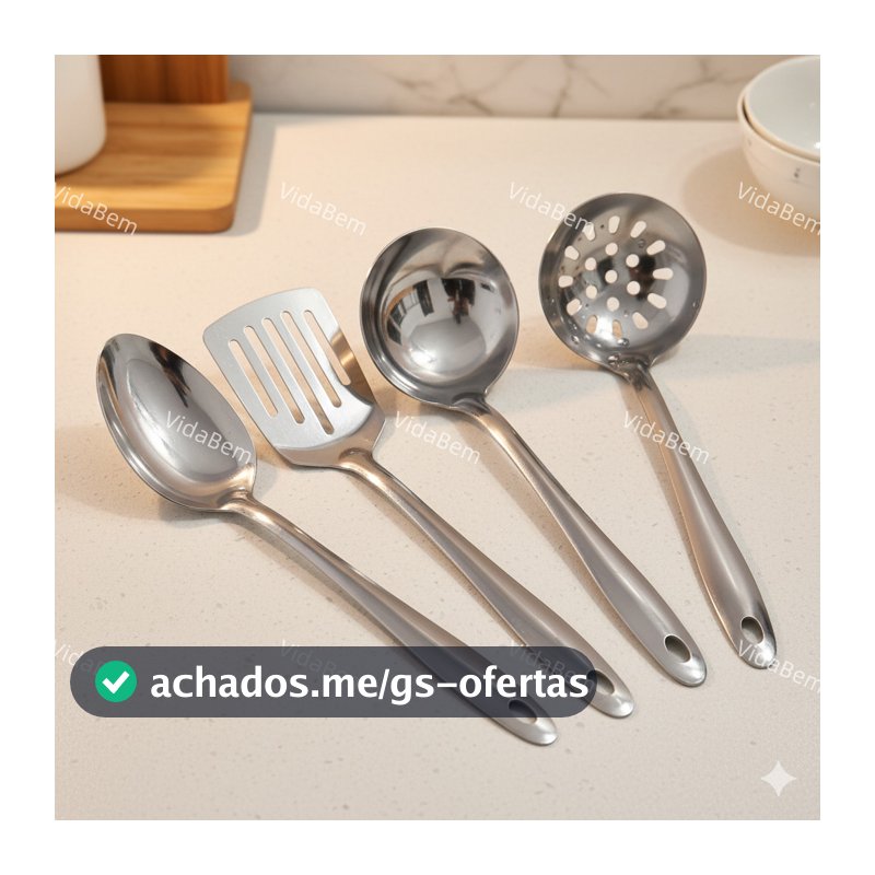 Kit Utensílios de Cozinha em Aço Inoxidável 4 Peças - Concha, Espátula, Colher e Escumadeira