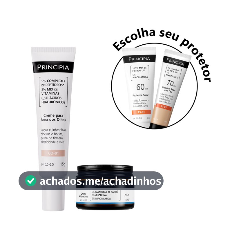 Principia Kit Cuidado Facial c/ Creme Para os Olhos CO-01 + Creme Hidratante CH-01 + Protetor Solar c/ ou s/ Cor