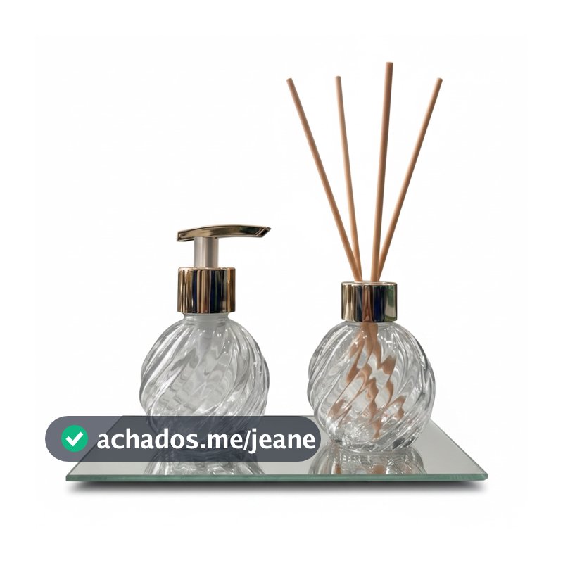 Kit Lavabo Vidro Bola Transparente 120ml Aromatizador e Porta Sabonete Com Bandeja Espelhada