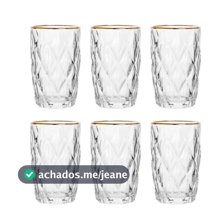 Jogo Com 6 Copos Diamond Borda Dourada Transparente 340ml