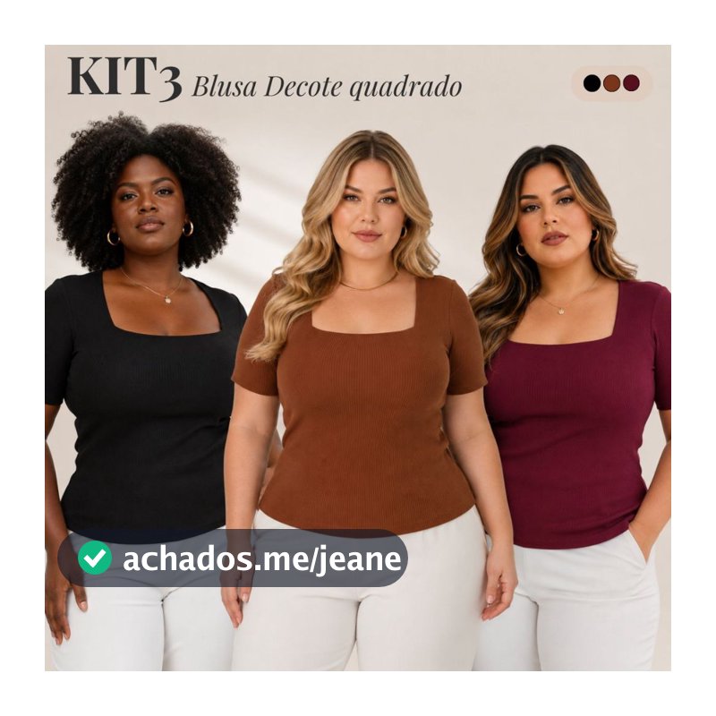 Kit 3 Blusa Feminina Plus Size Decote Quadrado Manga Curta Canelada Social Trabalho Acinturada Elegante G1 ao G3