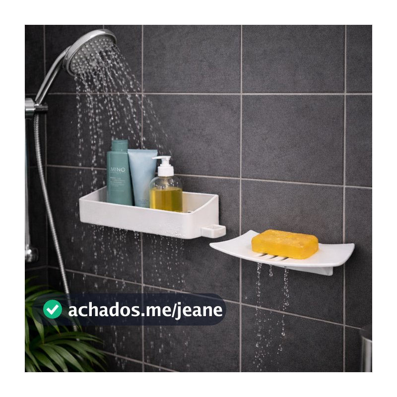 Kit Com 1 Saboneteira + Prateleira Organizador Shampoo Auto-Adesivo Para Parede Sem Furo