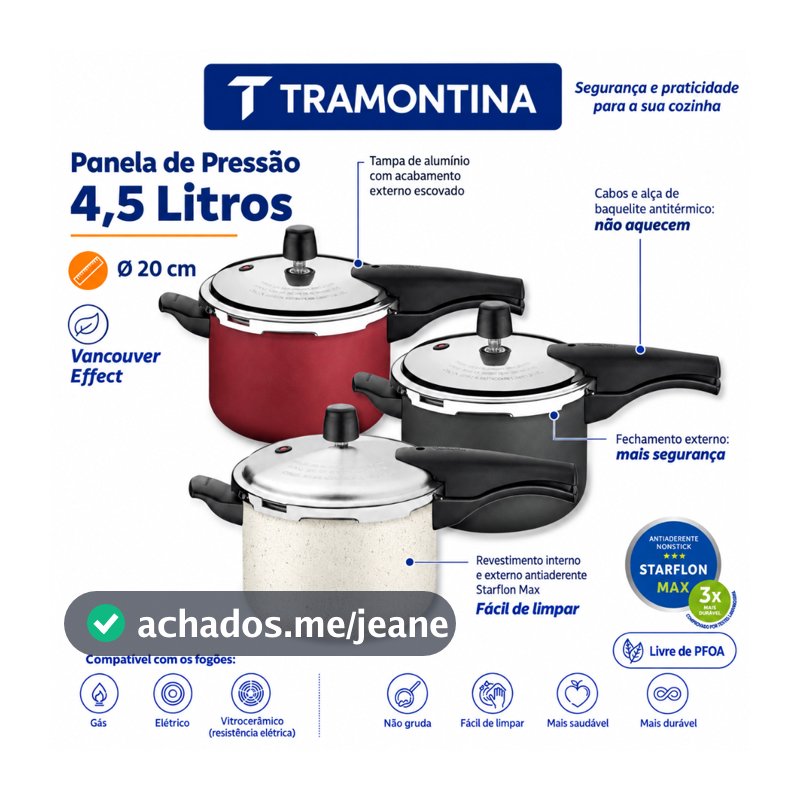 Panela de Pressão Tramontina 4,5  e 6,0 Litros com Fechamento Externo Antiaderente Starflon Max Vancouver