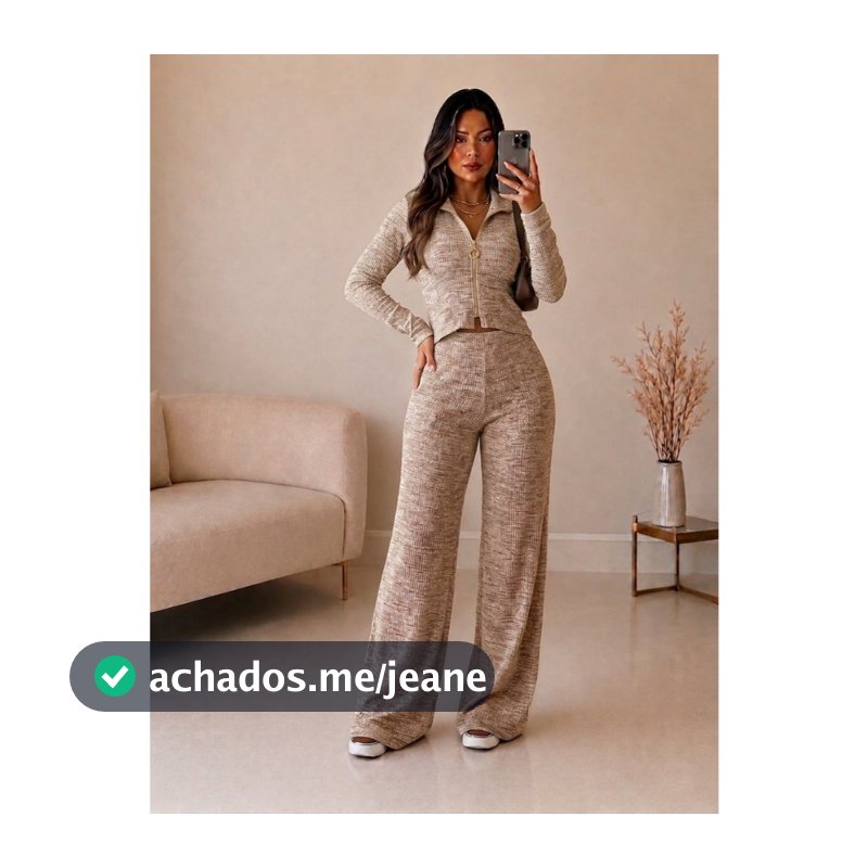 Conjunto Feminino Rib Canelado Calça Pantalona e Blusa com Zíper Moda Inverno