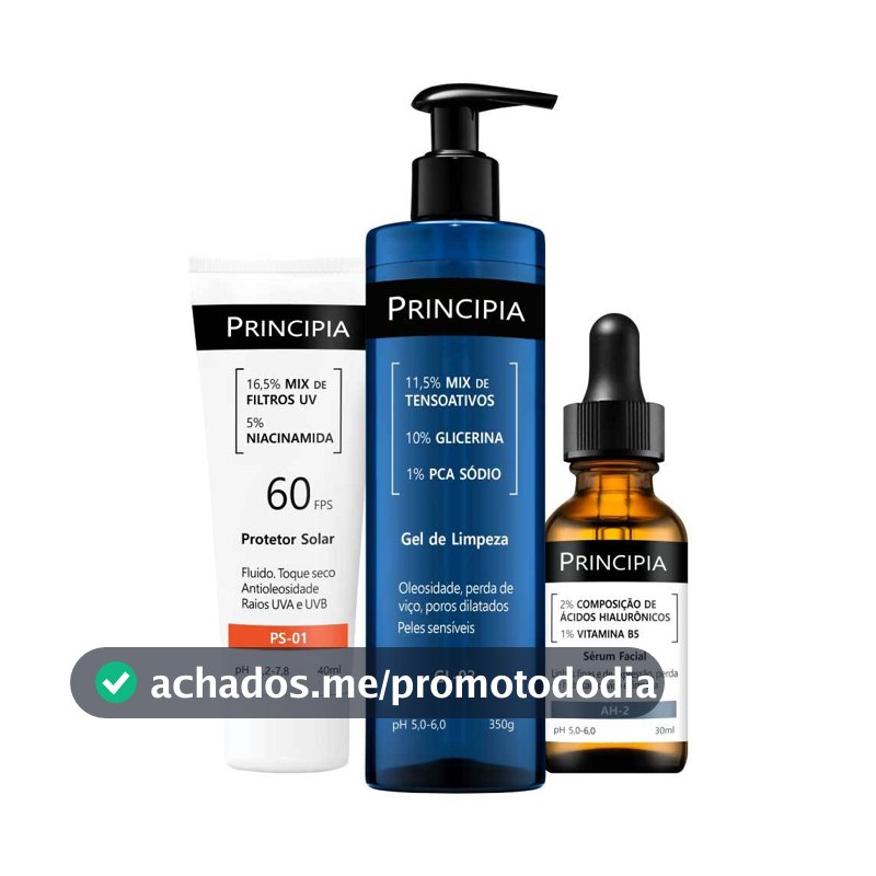 Principia Kit Primeira Rotina de Skincare c/ Gel de Limpeza GL-02 + Sérum Hialurônicos AH-2 + Protetor Solar PS-01 FPS60