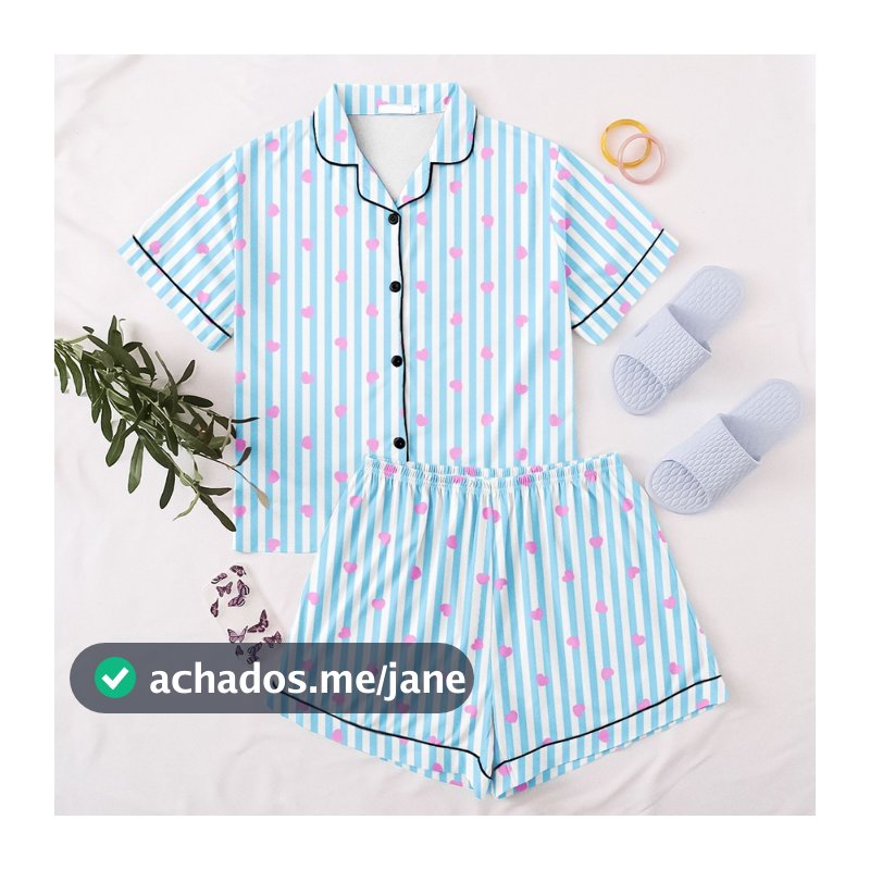Pijama de Botão Americano Feminino Blogueira Estiloso Temático Meia Manga Short Doll Fofo