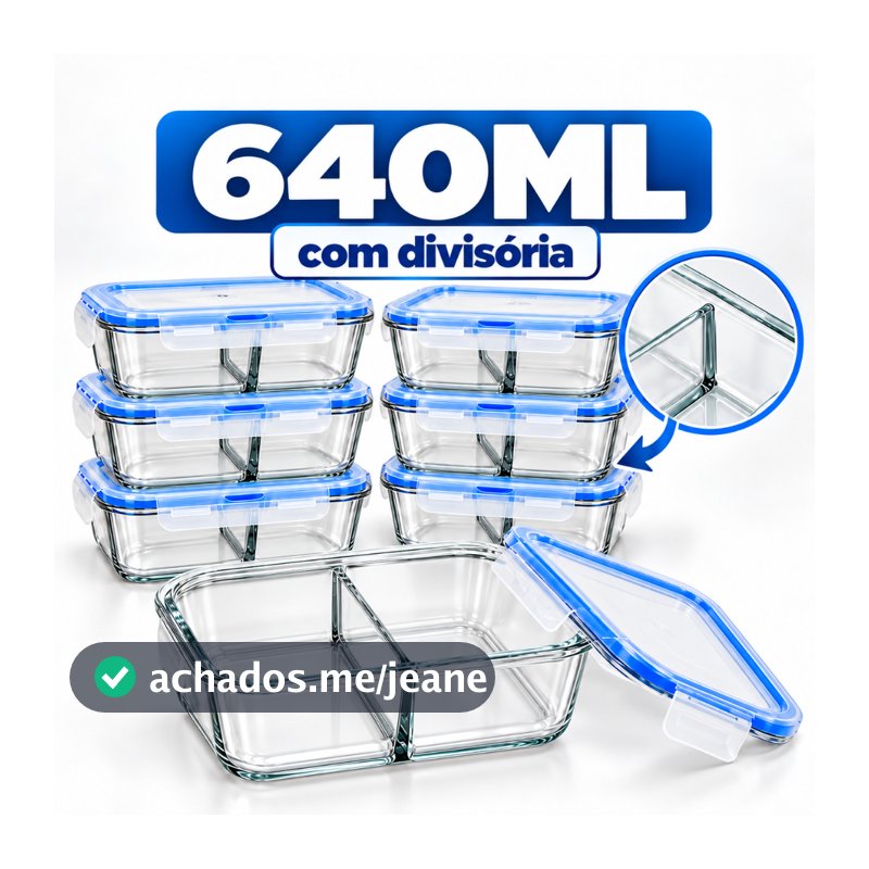 Pote Hermético 640ml de Marmita de Vidro Borossilicato com Divisória Air Fryer Forno Micro-Ondas