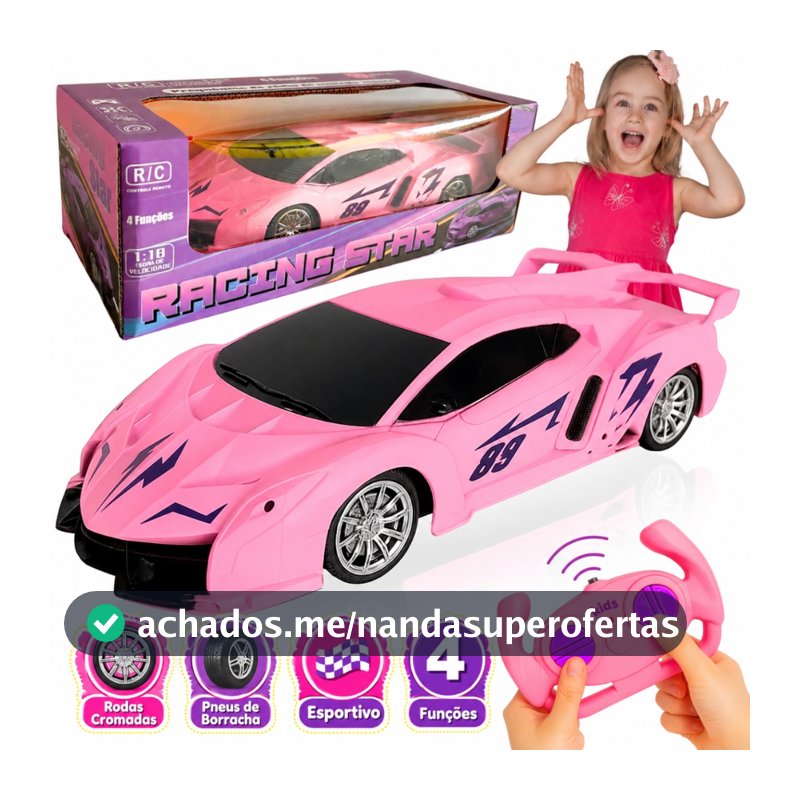 Carrinho de Controle Remoto Rosa com Luz Brinquedo de Menina Infantil 1:18