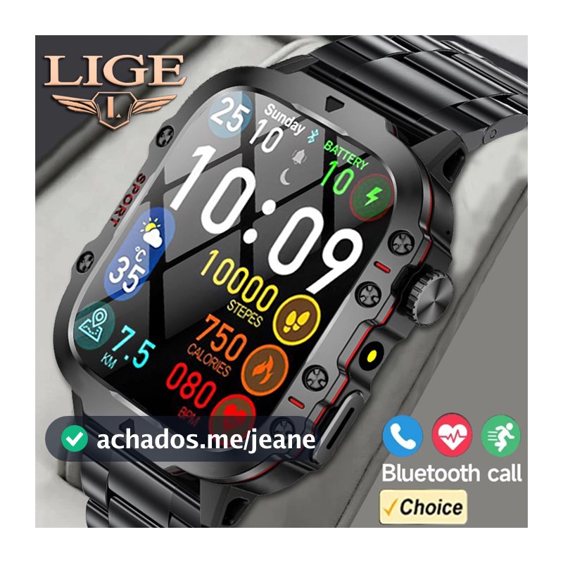 LIGE Outdoor Smart Watch Sports Man 1.96 Robusto Militar Tático Smartwatch IP68 À Prova D 'Água Fitness Tracker Relógios