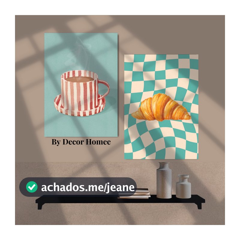 Kit 2 Quadros para Cafeterias, padarias, decoração de cozinha, Croissant com café, caneca.
