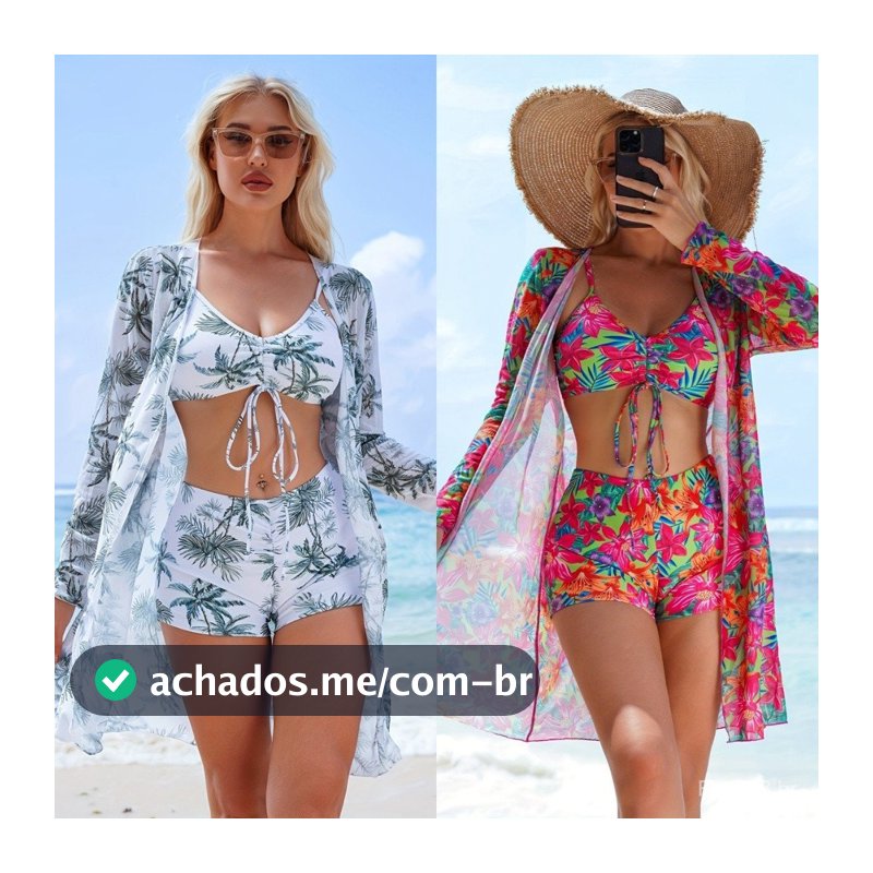 Biquíni sexy de três peças com cordão ajustável, acompanhado de um conjunto de biquíni com quimono de praia.