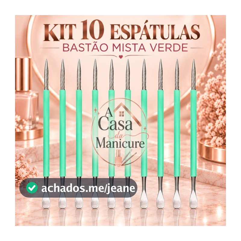 Kit 10 Espátulas A Casa Da Manicure -  Bastão Mista VERDE Unha Inox Com Silicone Cutelaria Manicure
