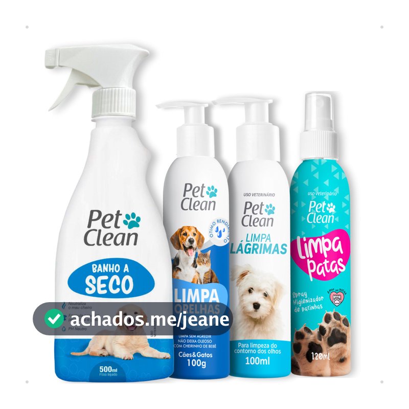Kit Higiene Higienização 4 em 1: Limpa Lágrimas + Limpador Ouvidos + Patas + Banho a Seco Pet Clean