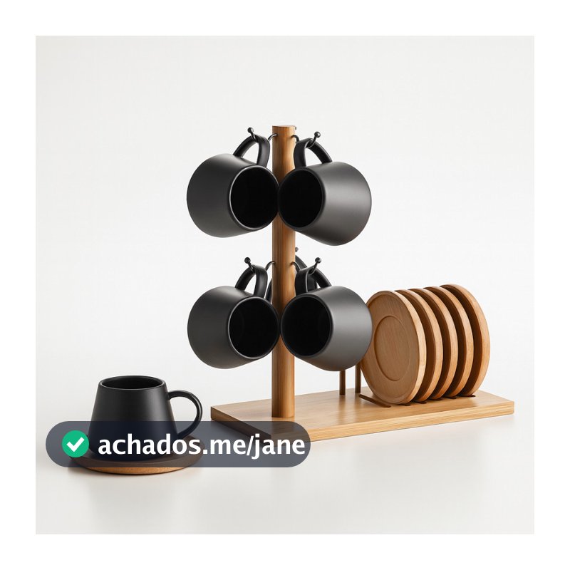 Jogo 6 Xicaras Café 90ml Porcelana Pires Suporte Bambu Oásis