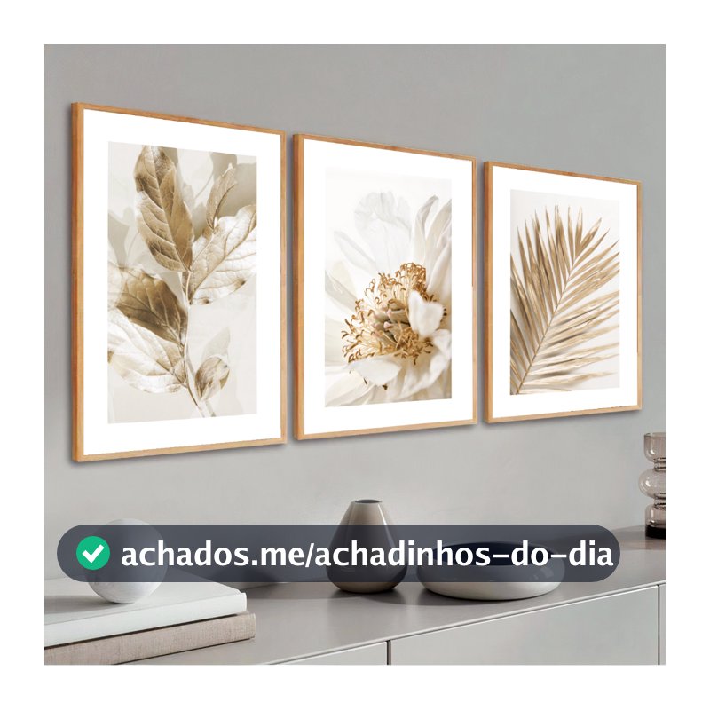 Kit 3 Quadros Decorativos Folhagem Dourada Gold Moldura 40X60 cm Sala Grande Moderno