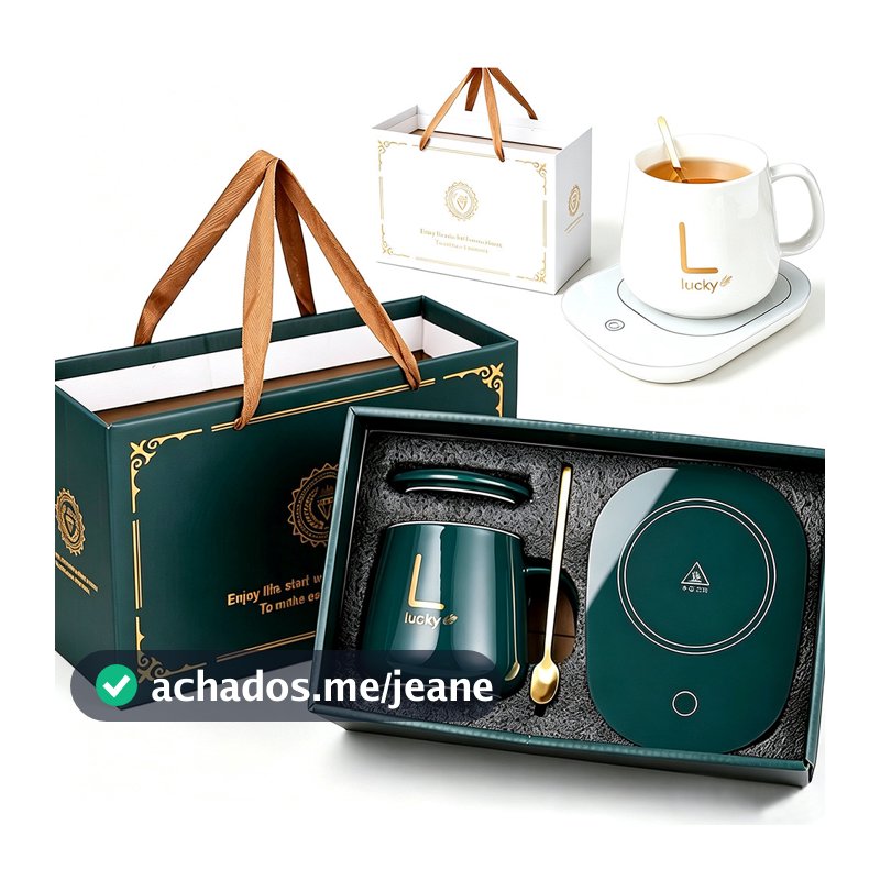 Kit Caneca Lucky Cerâmica + Base Aquecedora 55°C  Presente Aniversário Dia Dos Namorados Mantém Café Chá Quente