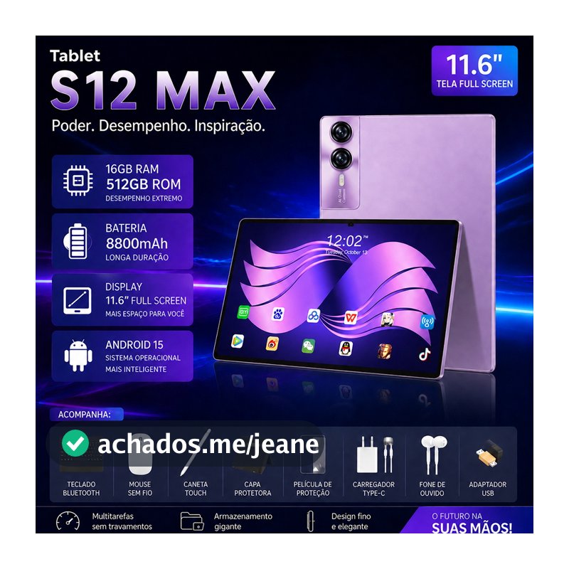 Tablet Galaxy S12 Max e 11.6 Polegadas ROM 16GB + 512GB  bateria de 8800 mAh  sistema Android 15 promoção por tempo limi