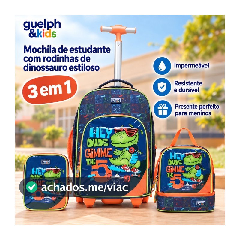 Guelph Kit Mochila de Rodinha Infantil Menino 3 Peças Dinossauro Lancheira Estojo Escolar