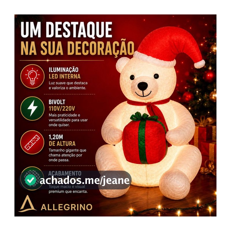 Urso Inflável Natalino Veludo Macio 120cm Luzes Led Bivolt Decoração Ursinho Decoração Festa Natal