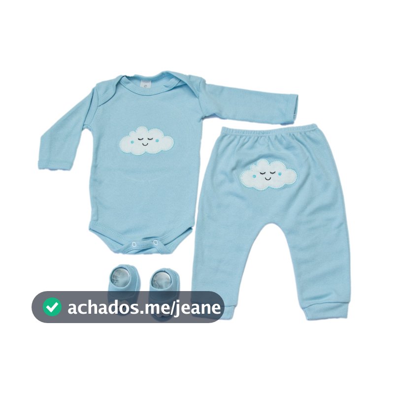 Body Bebê Menino Menina Conjunto 3 peças com mijão bordado e sapatinho tema nuvem
