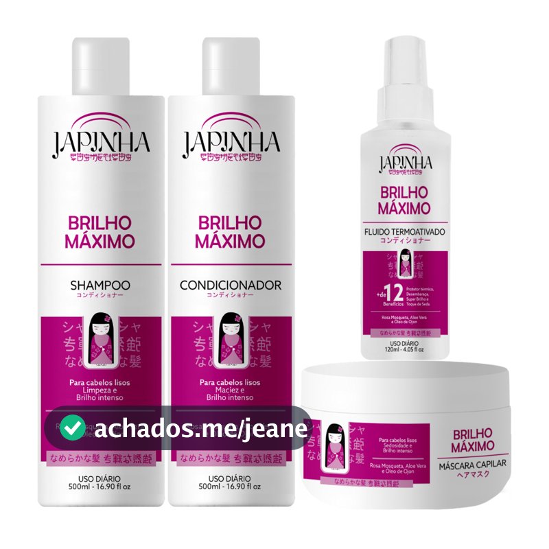 Kit completo 4 itens Japinha Brilho Máximo | Shampoo, Condicionador, Máscara