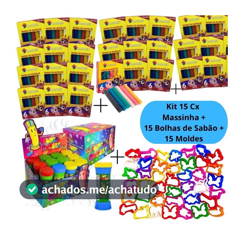 Kit 15 Cx Massinha de Modelar + 15 Bolhas de Sabão + 15 Molde Cortador Kit Festa Infantil Lembrancinha Escolar