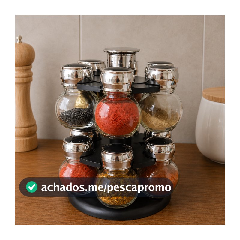 Conjunto 12 Porta Temperos de Vidro Poli Preto com Tampa Plástica Base Giratória Wolff para Cozinha Organização Prática