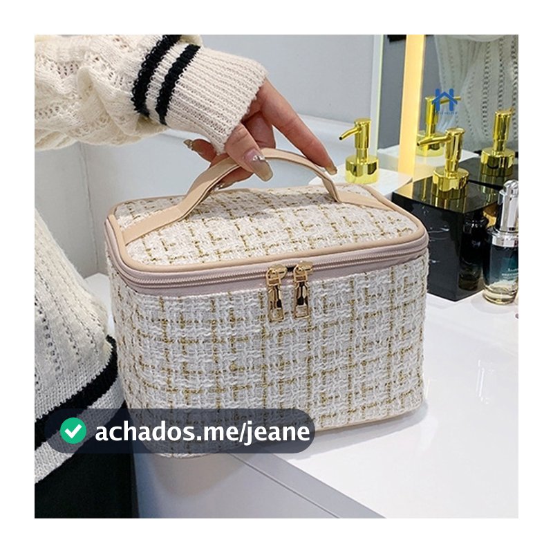 Bolsa Necessaire Tweed Feminina para Maquiagem com Zíper Para Viagem, Mochila, Alça em Courinho HH