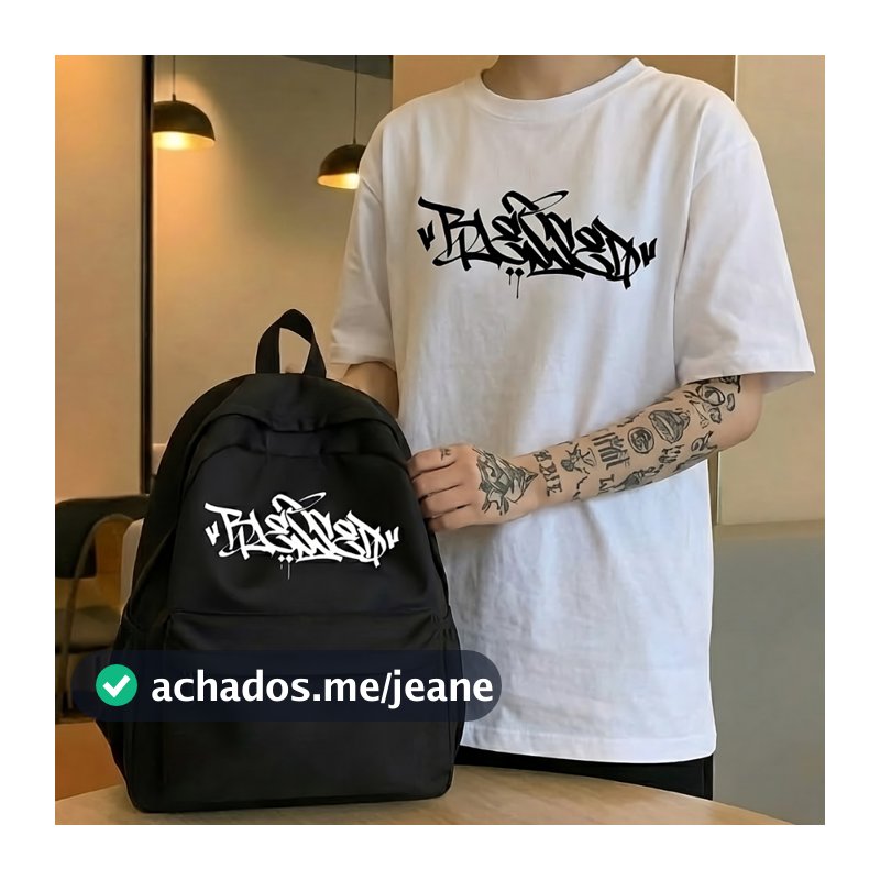 Kit Mochila e Camiseta Blessed Abençoado Unissex Estampa Grafite Estilo de Rua Urban Stile Bolsa Escolar Dia Dia