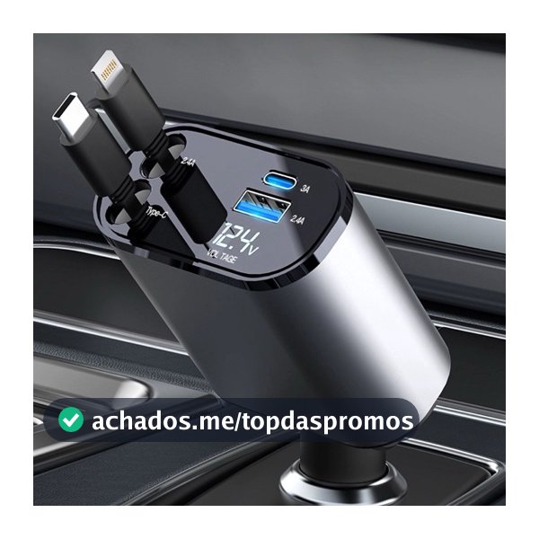 Carregador de carro retrátil, carregador rápido de para carro 4 em 1 para iPhone e Android