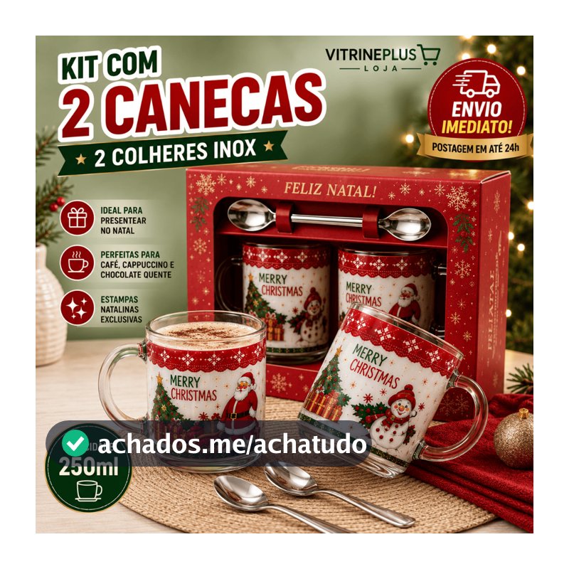 Kit Presente Natal  2 Canecas de Vidro 250ml e 2 Colheres Inox Estampas Natalinas