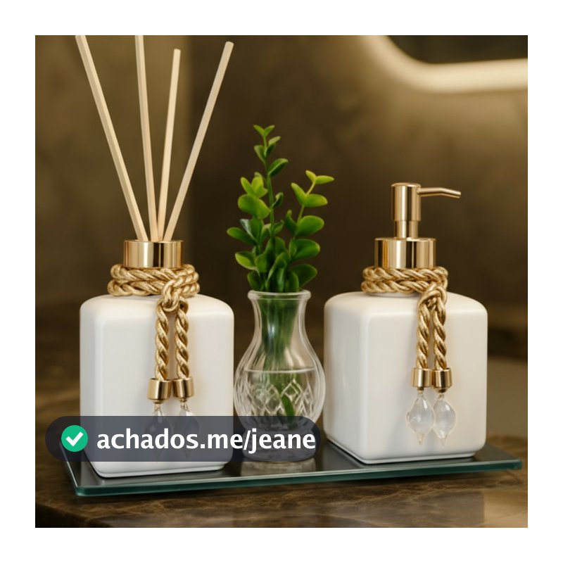 Kit  Lavabo Banheiro Frasco Cubo Aromatizador e Saboneteira 300ml Com Bandeja e Vaso Planta Decor