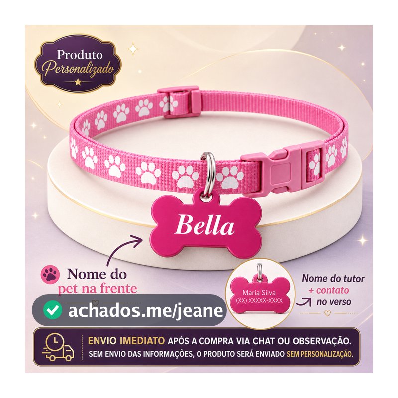 Coleira Personalizada para Cachorro Gato Macho Fêmea – Com Nome Gravado