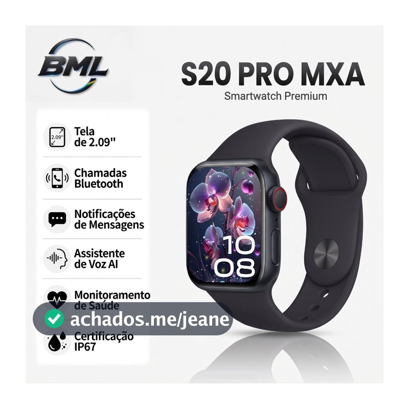 BML Relógio S20 PRO MAX Série 10 Smartwatch Tela AMOLED Monitor de Frequência Cardíaca com 7 pulseiras Esportivo