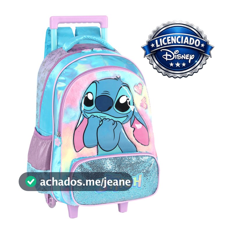 Mochila Stitch Rodinha Infantil Original Disney Grande Escolar Menina Feminina Juvenil Lilo Angel